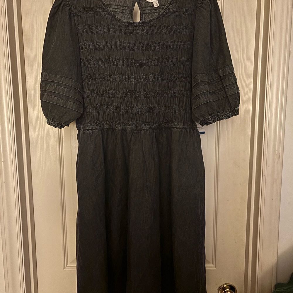 Black Smocked Midi Dress - Picture 4 of 8